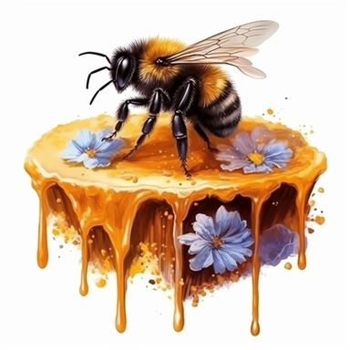 Fluffy Bumblebee on a bee hive with fresh wildflowers, dripping honey, highly detailed, acrylic paint, 16k, realistic, isolated on a white background, clipart