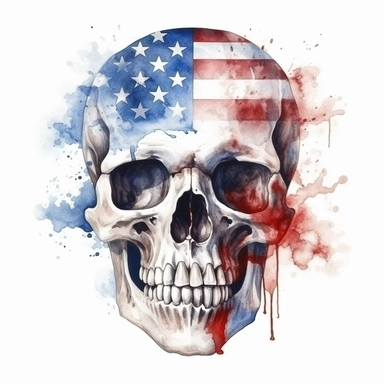 american flag slashed skull, in the style of illusory wallpaper portraits, watercolor, poster art, clipart, on white background