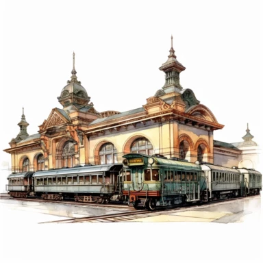 a clipart of a train stations from the early 20th century with old-fashioned train cars and elegant architecture in the style of realism with no elements, , luis ricardo falero, highly detailed illustrations, 32k uhd, white background