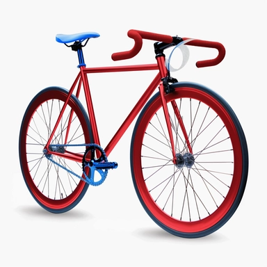 red fixed gear bicycle clipart white background profile, blue handlebars, blue wheels
