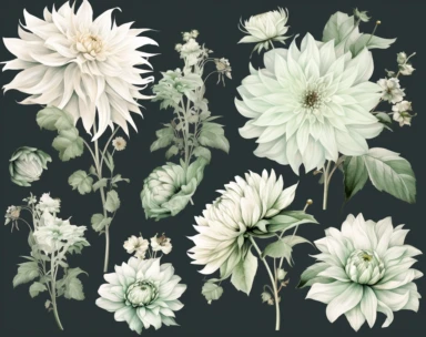 mint green pastel vector clipart flowers, in the style of dark white and light emerald, victorian-inspired illustrations, detailed botanical studies, nick alm, jeannette guichard-bunel, sterling silver highlights, hand-painted details