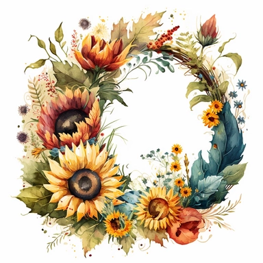 watercolor clipart illustration of a sunflower wreath with other flowers. Use warm, vibrant colors and make the overall style of the illustration cheerful and uplifting