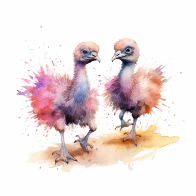 pair of cute ostrich chicks, running in sync and raising their fluffy feathers, vibrant pastels, clipart, on a white background