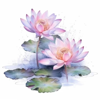 lotus flowers with blossoms floating on the water artistic watercolor with a delicate touch with shadow gradation white background clipart high quality 8k hyper detailed
