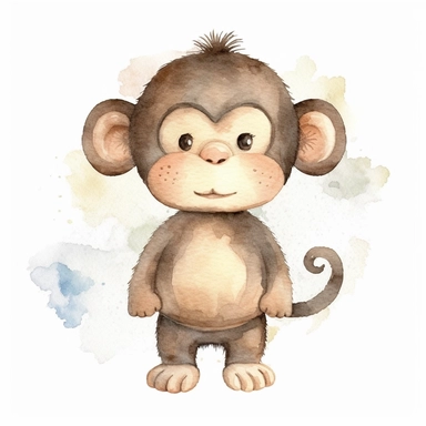 Cute monkey whole body watercolor clipart two-dimensional neutral colors for kids simple drawn childish cute illustration