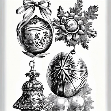 vintage christmas ornaments, in the style of engraving clip art illustration--ar 3:2