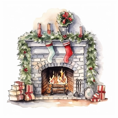basic watercolor christmas fireplace in minimal hand drawn style, Etsy, textured, clipart, white background