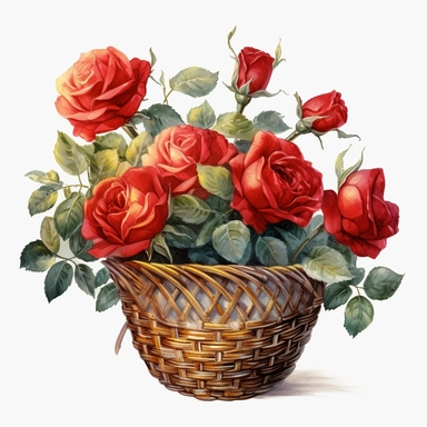 watercolor, white background, clipart, watercolor, white background, ultra-realistic and hyper-detailed clipart beautiful woven basket with red roses, red and rich gold hues
