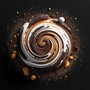 a spiral galaxy seen from above, made of milk, melted chocolate, white chocolate and cappuccino, clipart, black background