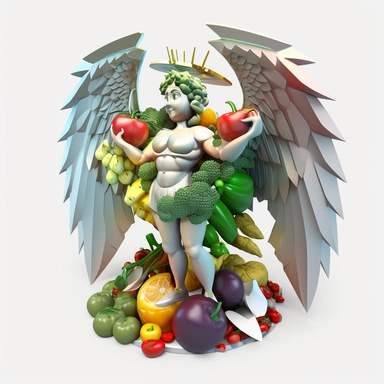 3D Angel Cartoon in the form of vegetables and fruits with many many wings and one halo clipart mascot , with a transparent background, 128K super mega pixel, insane detail, hyper-detailed, with huge details, UHD, 8K