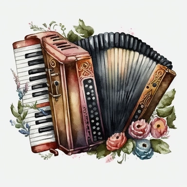 Vintage Accordion Watercolor Clipart, clipart, white background, no watermark, no text, no word