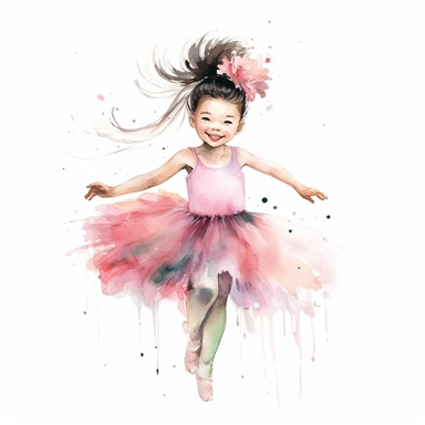 little asian girl dancing in tutu, watercolor, pastels, whitebackground, clipart