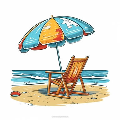 clipart style, cartoon style, beach umberella and beach chair sitting on the shore as waves roll in, white background
