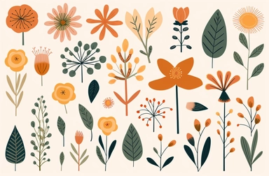 a collection of flowers and foliage clipart, in the style of organic shapes and curved lines, cute and dreamy, whimsical cartoonish, warm color palette, animated gifs, norwegian nature, whimsical doodles