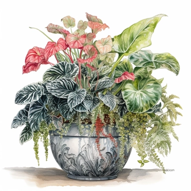 a tropical planter with caladium plant, calathea dottie ferns, and ghost ferns in a black pot , watercolor sketch, clipart,white background