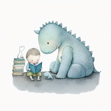 a cute drawing of a little boy reading a book sitting next to his cute little dinosaur wearing blue pyjamas holding a book, blank background, childrens book illustration, melancholy pastel art, children book illustration, childrenbook illustration, children’s book illustration, children's book illustration, inspired by nicoletta ceccoli, cute storybook illustration, illustration for children, by nicoletta ceccoli, wlop! muted colors, clipart style, png