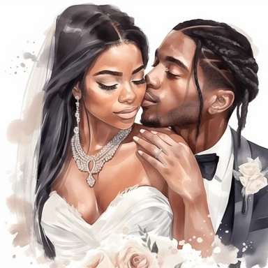 Black skin bride in a white wedding dress with diamonds and with beautiful jewelry, long beautiful hair, beautiful lips and long eyelashes glamour and the groom in a tuxedo smile watercolor clipart