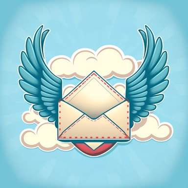 letters to heaven , clipart, cartoon, line art, envelope, wings, heart, clouds, white, revere, respectful, calm, blue background