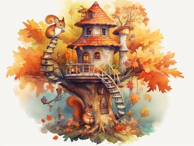 birds eye view of quality watercolor a fabulous forest landscape, on the edge of which we can see a cute squirrel living in a large beautiful tree with only one small door, cute birds, 8k, clipart, white flat background, muted cozy colors,