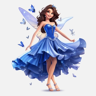 a beautiful smiling fairy girl, royal blue dress, big fairy wings, lovely butterflies all around her, pixar style, full body image, clipart, white background