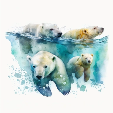 watercolor clipart a family Polar Bears swimming underwater in the Arctic regions of Alaska, Canada, Greenland, Norway, and Russia., digital illustration, 8k, hd ar 16:9 v5
