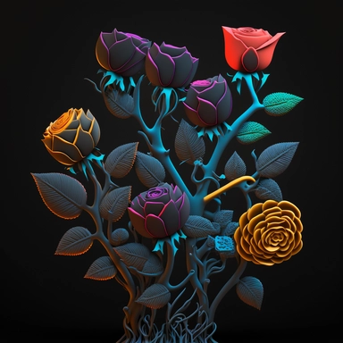 a very thorny dozen roses clipart in slyle of cute goth clay cartoon, sharp 3d art illustration, warm multicolor bioluminescent, simple, black background, 8k