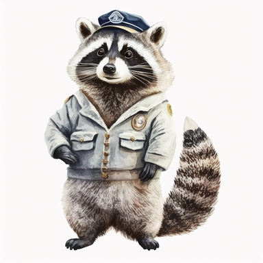 Stylish funny Raccoon in a white sea uniform, full body, pastel waterpaint Clipart, watercolor, high-quality illustration, professional raster graphic, white background, Studio Lighting, ultra-detailed, 8k