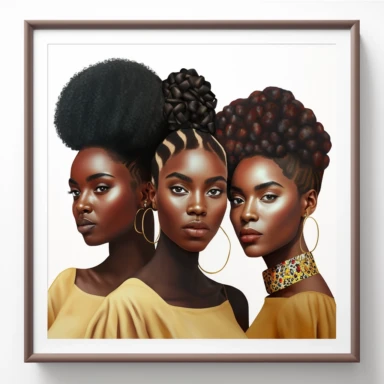 three Nubian woman standing back to back. Three different hair styles, three different outfits. Modern,classy,picture perfect,authentic facial features. Glossy lips, makeup, Hyper realism. Vivid color. Realistic clipart. Authentic imagery. Undertones. Print perfect.