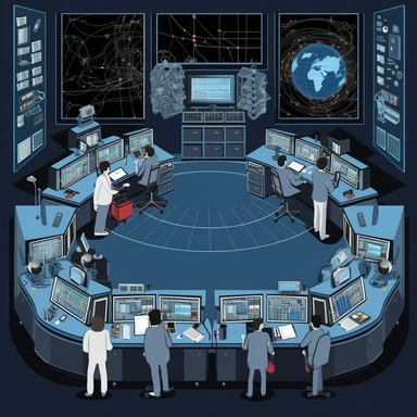a clipart format of a mission control center with astronauts and scientists