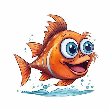 funny 1D cartoon smilling nursery fish, drawn by hand, unique, colorful, clipart, white background