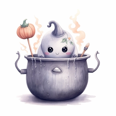 , A watercolor painting of cute Halloween cauldron, cute detailed digital art, inspired by nicoletta ceccoli, by Kubisi art, whimsical and cute, by nicoletta ceccoli, cute detailed artwork, glimmering, adorable and whimsical, whimsical art, Clipart style, png style, svg style, blank white background, a solid white background