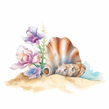 hand drawn sandy beach with a conch shell sitting in the sand, orchid bloom beside the conch shell, glamorous, clipart style, detailed and realistic, watercolor, white background with margins