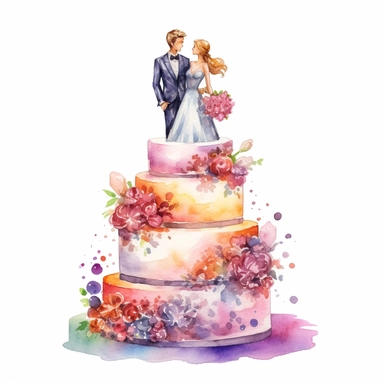 full perspective, watercolor three tier wedding cake clipart, add groom and bride figurines, vibrant colors, add flowers and glitter, on a white background