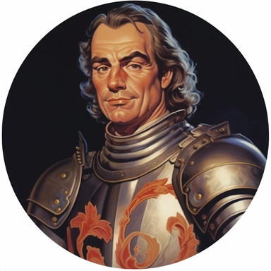 Arthur Sarnoff's character portrait circular tondo depicting a uniformed fantasy knight, Boris Vallejo Mike Allred Josh Kirby, clipart illustration, circular solid background circular border