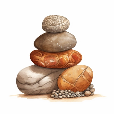 Watercolored pencil style illustration, a pile of 3 desert pebbles with natural boho decorations, brown orange beige grey, isolated on a white background, PNG file clipart style, Dennis Wojtkiewicz, Amanda Clark, Lowell Herrero,