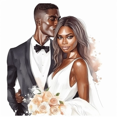 Black skin bride in a white wedding dress with diamonds and with beautiful jewelry, long beautiful hair, beautiful lips and long eyelashes glamour and the groom in a tuxedo smile watercolor clipart