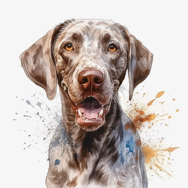cute Slovakian Rough-haired Pointer dog portrait, full face, centered shot, side shot, dynamically posed, in action, playful mood, happy mood, playing mood, cute face, adorable smile, childlike eyes, clean watercolor illustration, white background, nursery baby imagery, painting, detailed, 8k, PNG, clipart,