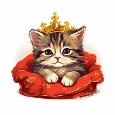 a smiling, content, cute kitten wearing a crown and luxurious mantle, lying on a comfy cushion, the kitten's eyes are big and beautiful, clipart style, kawai