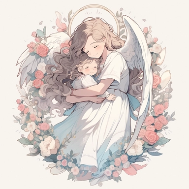 detailed illustration of mother angel holding baby, smile, flower splash, vintage design, realistic pastel colors, vector art, cute, fantasy art, love, detailed watercolor effect, digital paint, soft light, panoramic view, isometric style, vintage aesthetic, character focus, 4K resolution, no background, realistic rendering, use using Cinema 4D, isolated white background, logo style, clipart