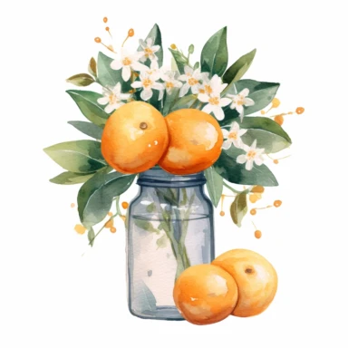 Create a watercolor oranges clipart with glass nd bouquets