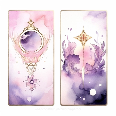 Tarot Cards, in the style of watercolor illustrations, pink and gold, soft lilac, magical and mystical, galaxy elements, modern minimal watercolor, on white background, clipart