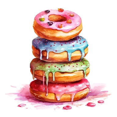 a tempting watercolor painting of a stack of donuts with different flavors and toppings, showcasing their delicious textures and vibrant colors, 8k, HD, watercolor clipart, With white background for removing, no text on image