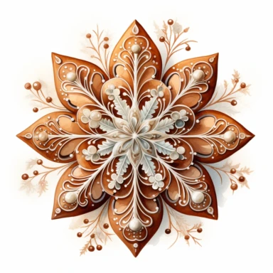 A isolated watercolor clipart, Christmas hand made gingerbread, snowflakes,white background, Art Nouveau, highly detailed,