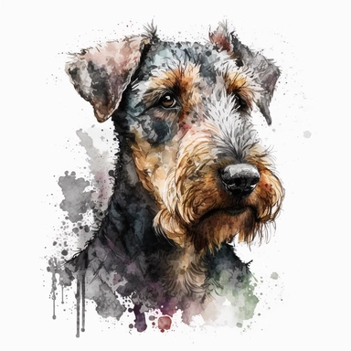 Generate an image of a Airedale Terrier dog Clipart in watercolor style on a white background