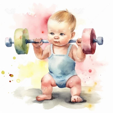 watercolour clipart of an European baby lifting weights