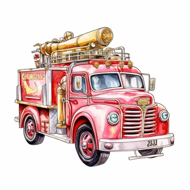 Vintage Hand painted pastel clipart of a toy fire truck in the style of vintage nursery kitsch Lefton, retro midcentury 1950’s, white background, contour