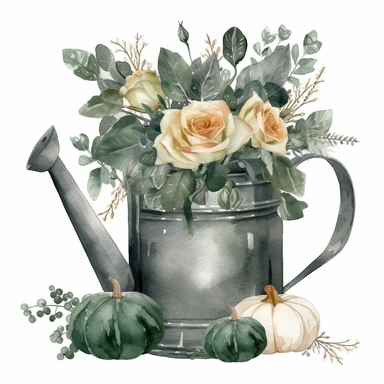 Dark Green Rustic Watering Can, Green Gray Pumpkin, Bouquet of Cream Roses, Green Leaves, Gray Eucalyptus Leaves, White Fruits, Watercolor, Clipart, Illustration, White Background No Watermarks