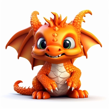 cute baby dragon with wings, orange, mean face, clipart, 3D, toy, pure white background
