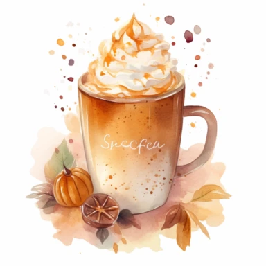 watercolor clipart starbucks pumpkin spice latte 2017, in the style of soft crosshatchings, dark brown, dreamy romanticism, uhd image, fairycore, sōsaku hanga, natural fibers