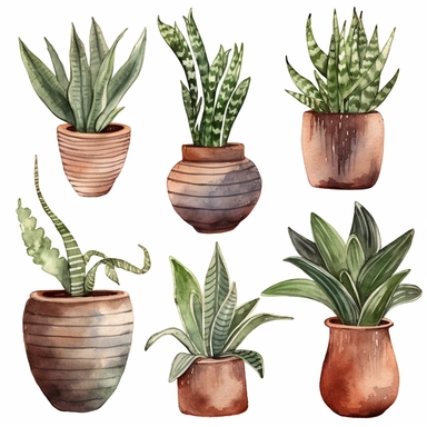 watercolor botanical snake plant in a clay pot clipart bundle